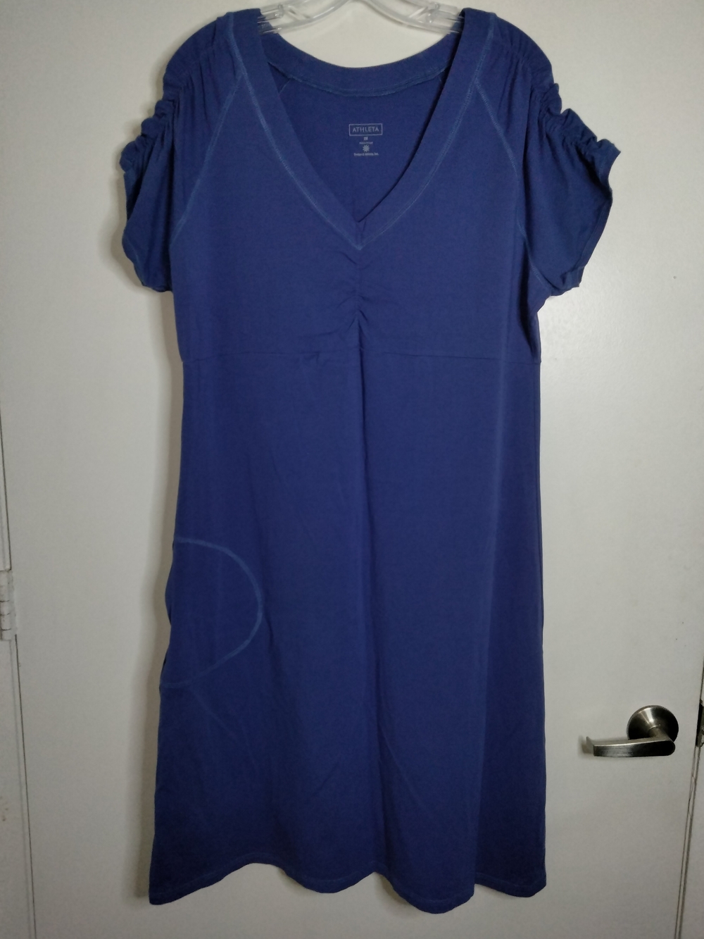 Athleta -Sz 2X- Purple Stretch V-Neck Ruched SS Athleisure Midi Shift Dress